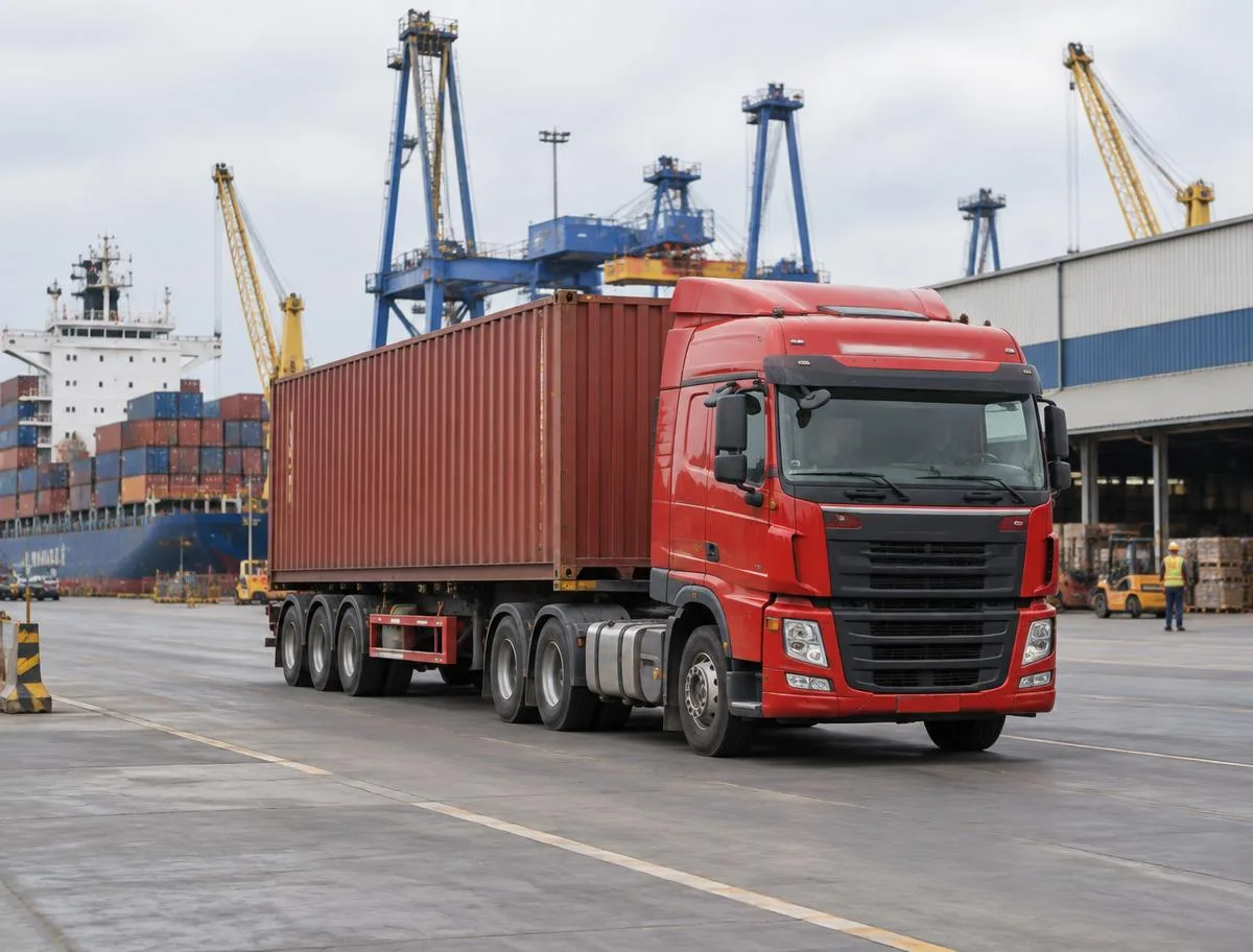 Freight truck and shipping containers at a logistics terminal