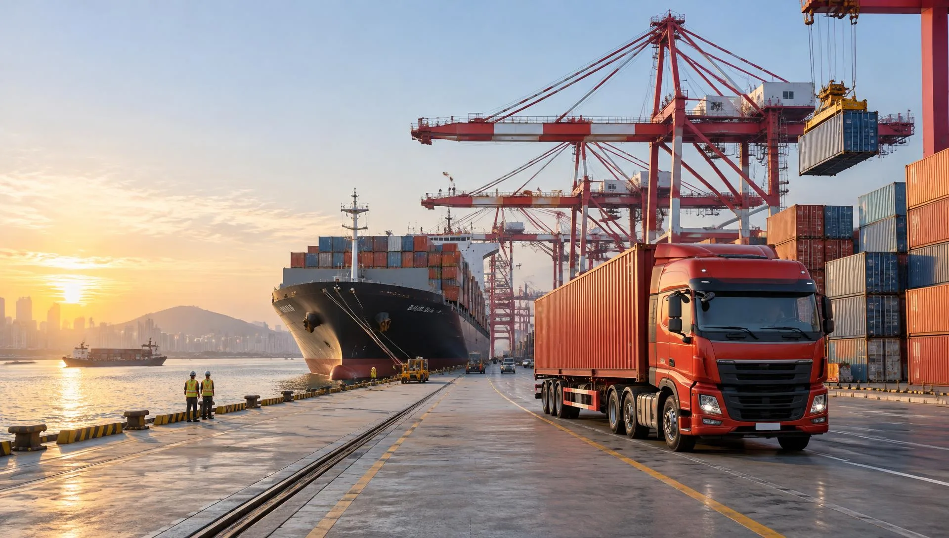Cargo ship, freight truck and containers at an international port
